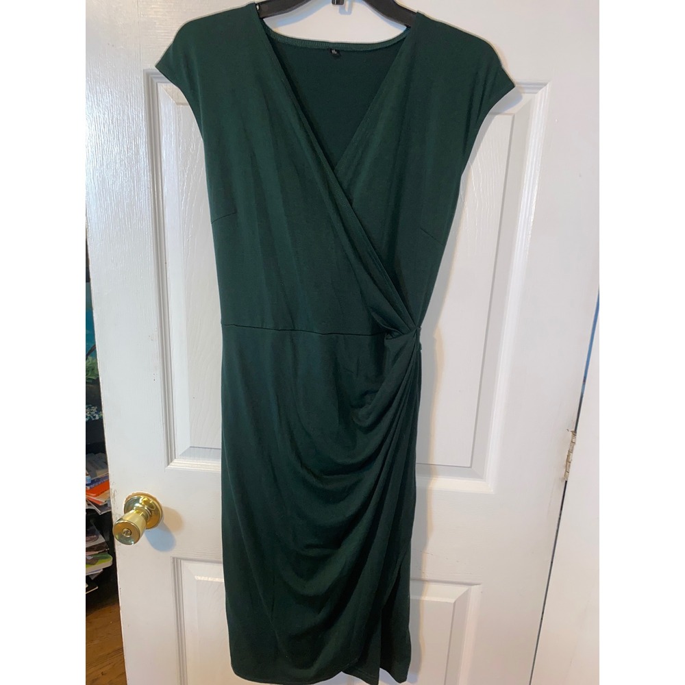 Hunter Green Faux Wrap Draped Sheath Dress Sleeveless V-Neck Midi XL